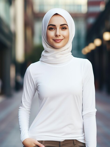 Photo une fille avec un hijab à manches longues.