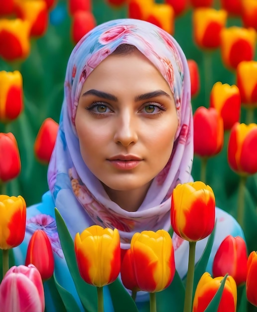 Une fille en hijab avec des tulipes.