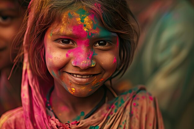 Fille hindoue célébrant Holi avec des couleurs en poudre pour le gulal Regardant la caméra souriante