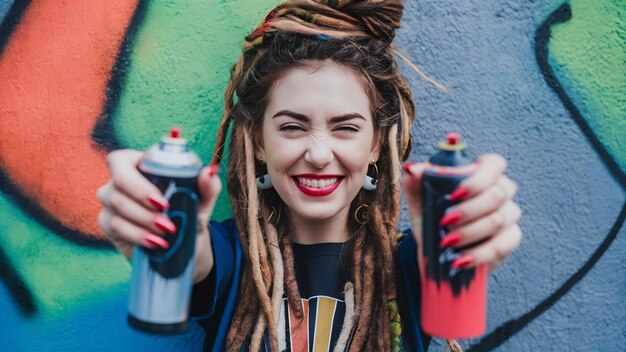 Photo une fille hipster effrontée avec des dreadlocks serre les dents sourit le visage tient deux sprays d'aérosol porte du fashi