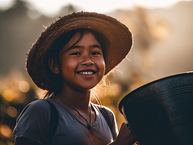 Fille hispanique américaine avec un chapeau de paille dans les plantations de café AI générative