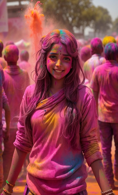 Fille Holi avec fond coloré