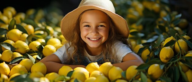 une fille d'humeur joyeuse avec des citrons dans les yeux en train de récolter