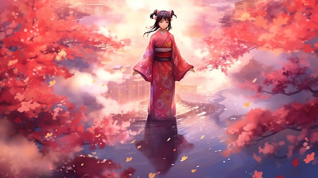 Une fille en illustration d'anime kimono