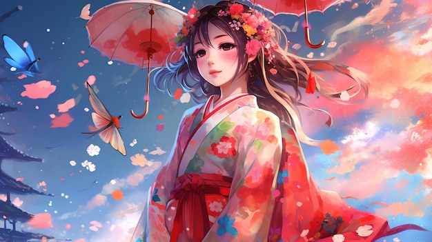 Une fille en illustration d'anime kimono