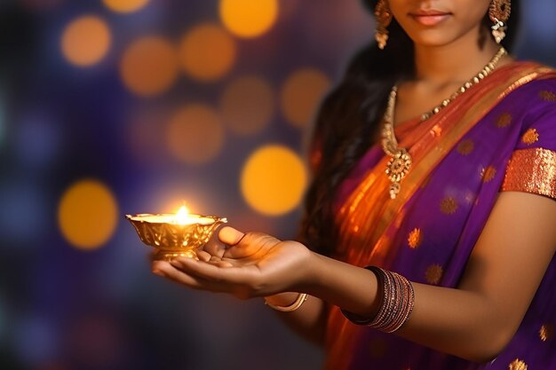 Photo une fille indienne arrange des diyas pendant le festival de diwali