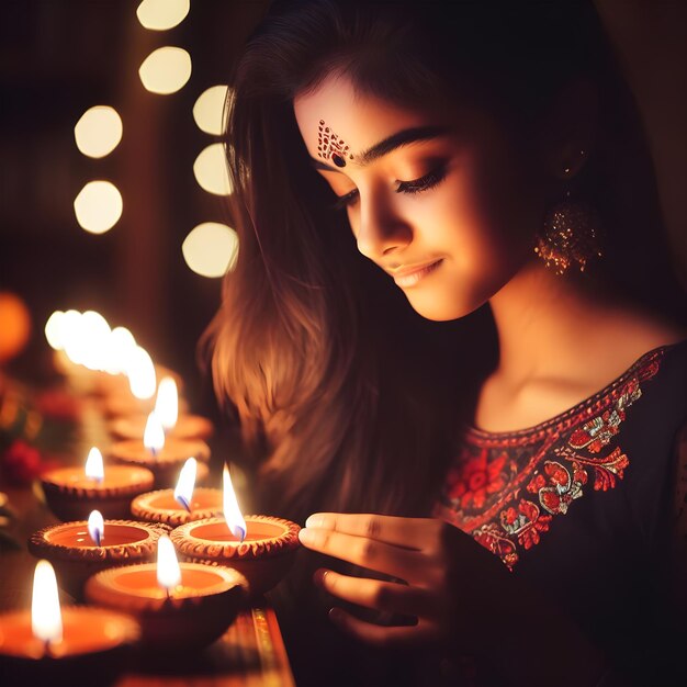 Photo une fille indienne célèbre diwali lit diyas