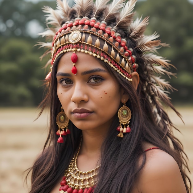 Photo une fille indienne avec une coiffure rouge et une coiffe rouge regarde la caméra