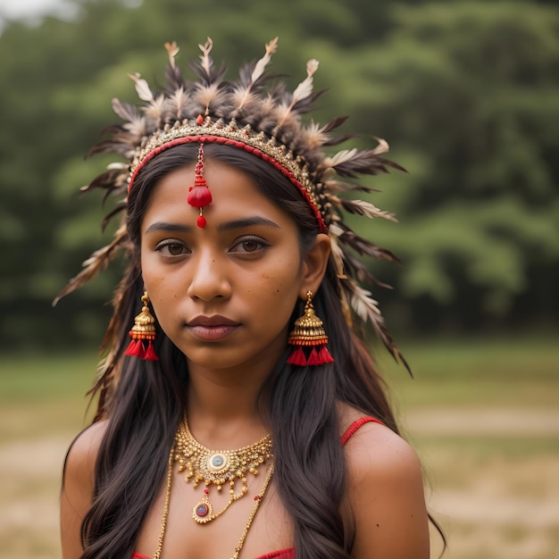 Une fille indienne avec une coiffure rouge et une coiffe rouge regarde la caméra