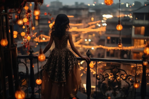 Fille indienne debout sur le balcon de la maison