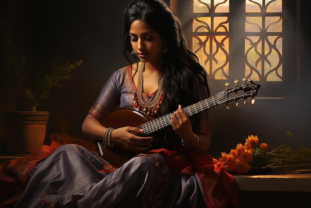 Photo une fille indienne du tamil nadu joue de la guitare traditionnelle.