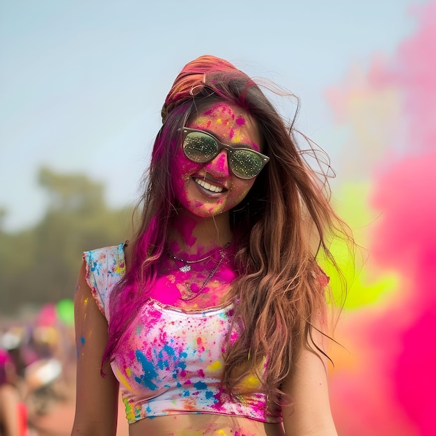 Une fille indienne fête Happy Holi avec des couleurs en poudre