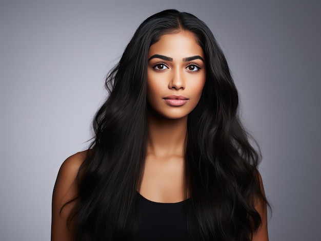 Photo une fille indienne montre ses longs cheveux sains après avoir utilisé des produits fortifiants sur fond blanc