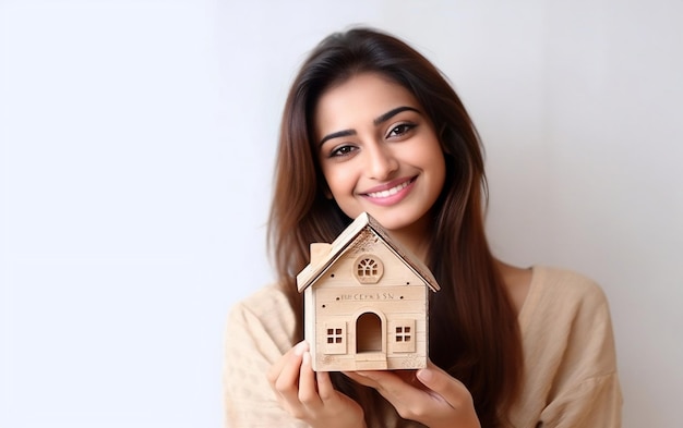 Fille indienne pakistanaise avec modèle de maison dans les mains Immobilier