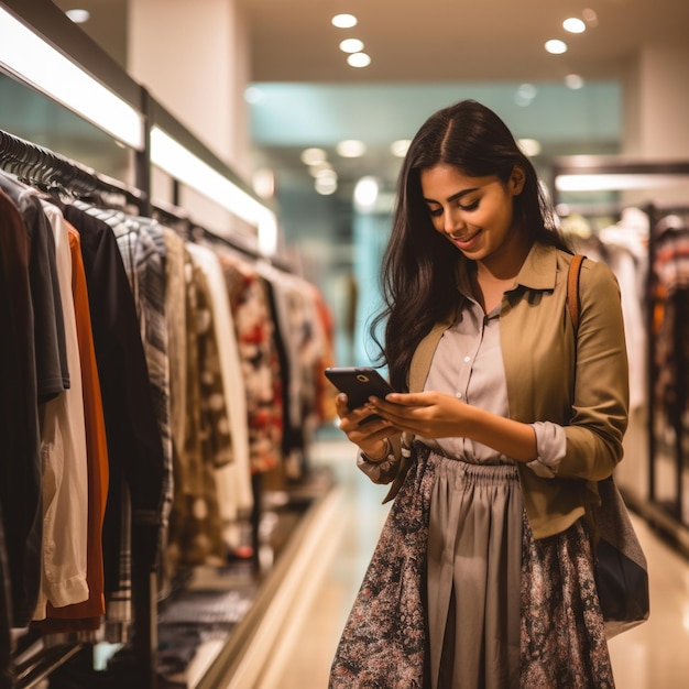 fille indienne regardant des vêtements au magasin regardant mobile