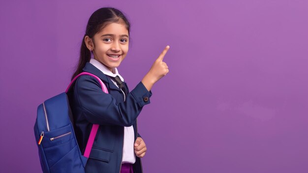 une fille indienne en uniforme scolaire et portant un sac à dos pointant isolé sur un fond violet