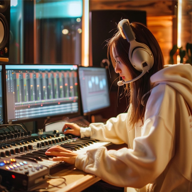 Une fille ingénieure égalise une chanson dans un studio d'enregistrement