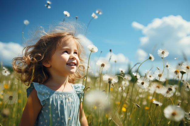 Une fille insouciante soufflant des bulles dans un champ de fleurs en fleurs contre de magnifiques enfants du ciel bleu