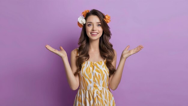 Photo fille intéressée à la forme en robe d'été debout sur un fond violet jeune femme caucasienne insouciante