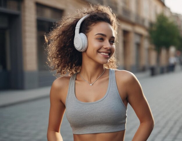 Photo une fille avec un joli sourire porte des vêtements sportifs et des écouteurs