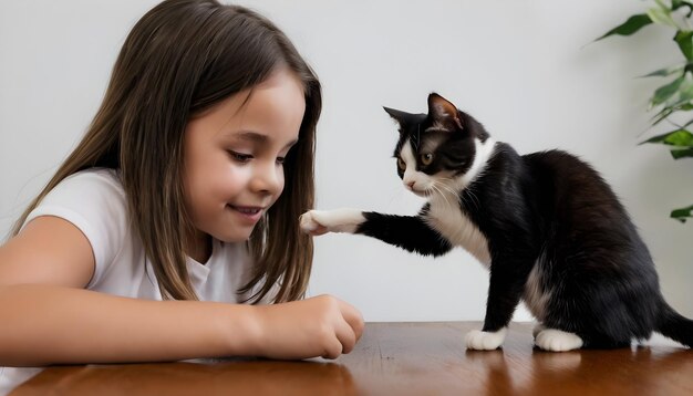 une fille jouant avec un chat sur une table mois national de l'animal de compagnie