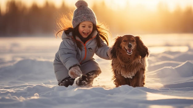 Fille jouant avec un chien dans la neige pendant le coucher du soleil de Noël IA générative