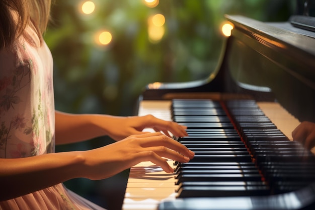 Photo une fille jouant du piano en gros plan ia générative