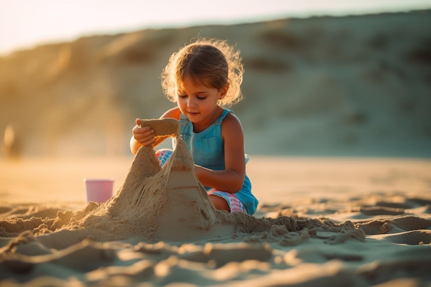 Une fille jouant avec du sable à la plage