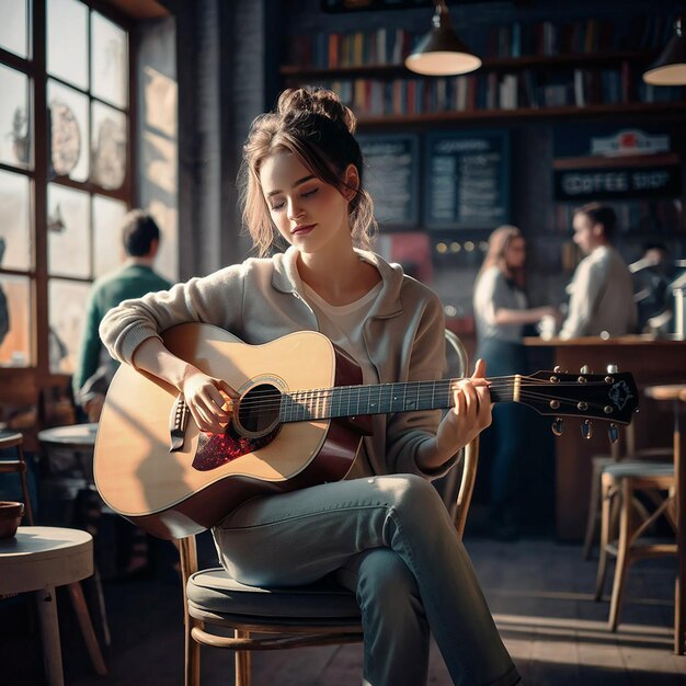 une fille jouant de la guitare dans un café avec un panneau disant " café "