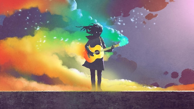fille jouant de la guitare magique avec de la fumée colorée sur fond sombre, style art numérique, peinture d'illustration