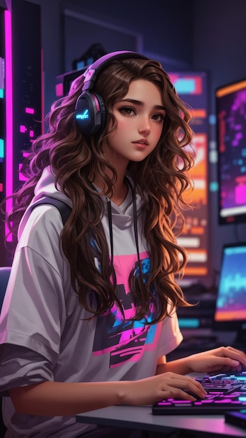 fille jouant à un jeu vidéo tout en portant des écouteurs