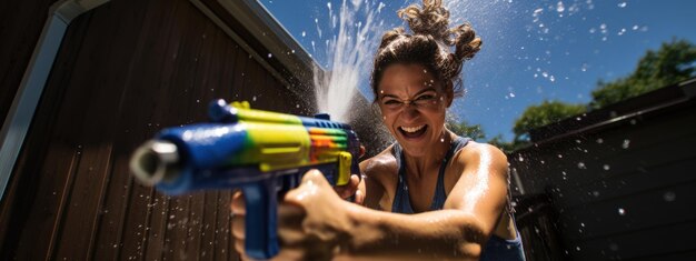 Une fille jouant avec un pistolet à eau dans sa cour avant un chaud après-midi d'été