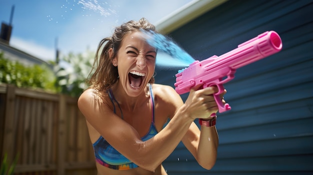 Fille jouant avec un pistolet à eau dans sa cour par un chaud après-midi d'été