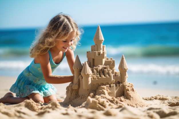 Photo fille jouant sur la plage au bord de la mer construisez un château de sable pour profiter des vacances d'été