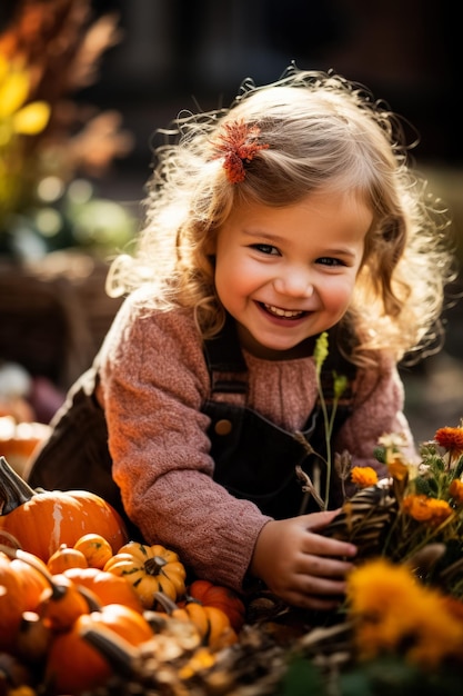 La fille joue avec des citrouilles