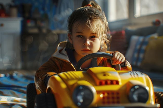 Photo une fille joue avec enthousiasme avec une voiture de jouet.