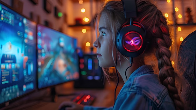 Une fille joue à un jeu vidéo avec des écouteurs