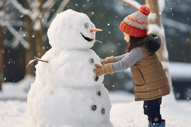 Fille jouer grand bonhomme de neige jardin vacances janvier Générer Ai