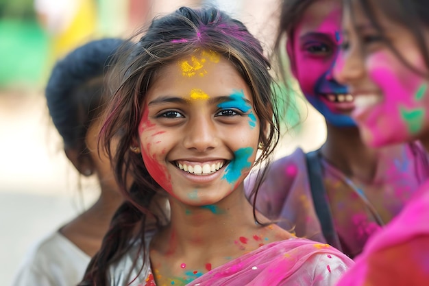 Une fille joyeuse célèbre Holi avec une poudre colorée sur le visage