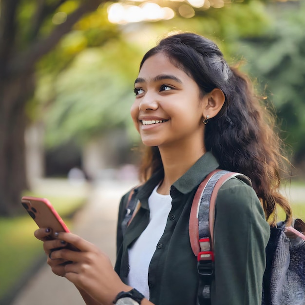 une fille joyeuse dans le parc en utilisant un téléphone portable