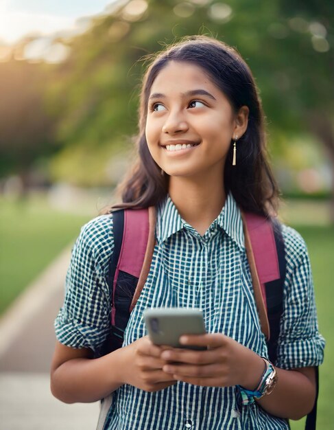 Photo une fille joyeuse dans le parc en utilisant un téléphone portable