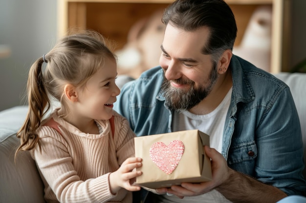 Une fille joyeuse donnant un cadeau de la fête des pères à son père enchanté avec un cœur sur la boîte