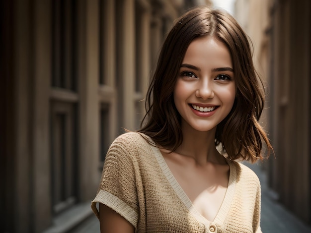 Fille joyeuse qui rit avec une jolie fleur dans des cheveux marron clair posant sur des vues d'horizon ai générative