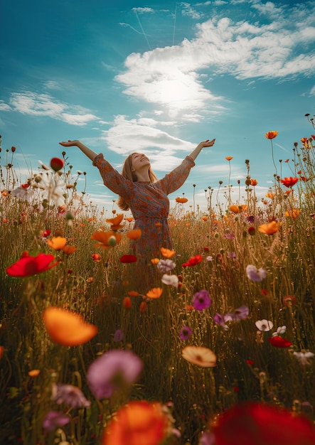 Une fille joyeuse se tient au milieu