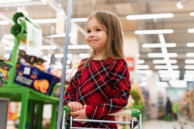 Une fille joyeuse tient un chariot et sélectionne des produits à la maison. Le concept de shopping au supermarché, sélection de produits, vente