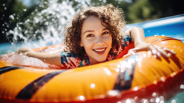 Fille joyeuse sur les toboggans du parc aquatique