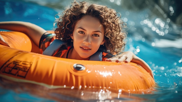 Fille joyeuse sur les toboggans du parc aquatique