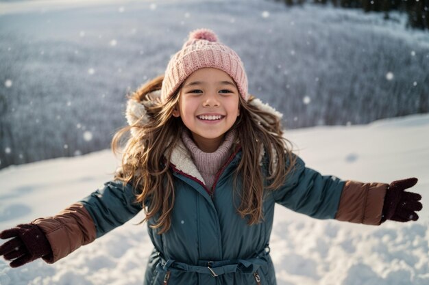 Photo une fille joyeuse vêtue de vêtements d'hiver profitant de la neige