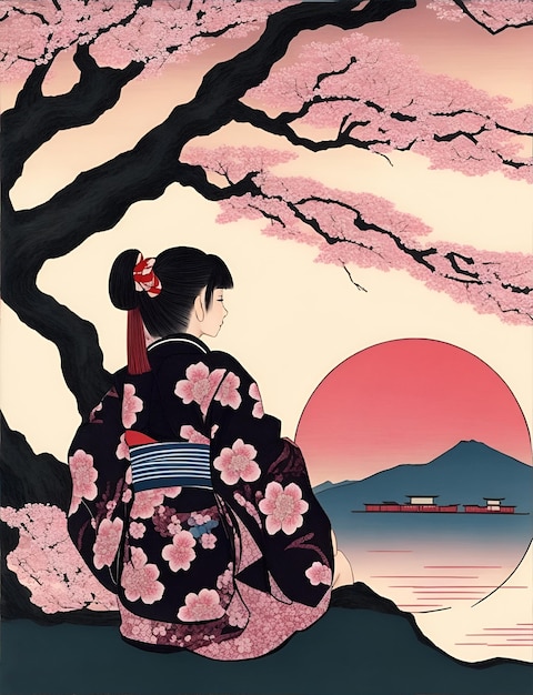 Photo une fille en kimono assise sous un arbre de sakura.