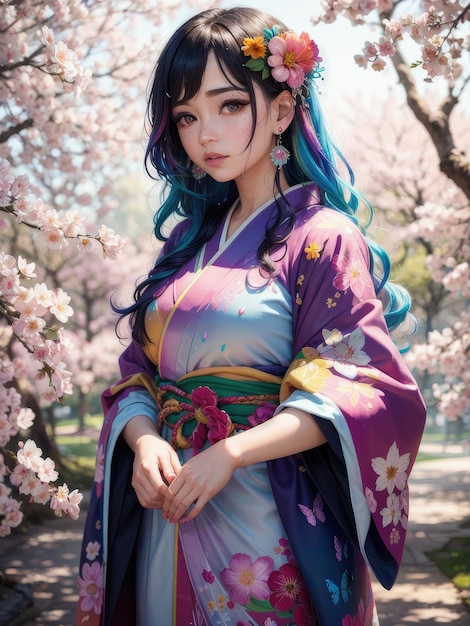 Fille en kimono aux cheveux bleus